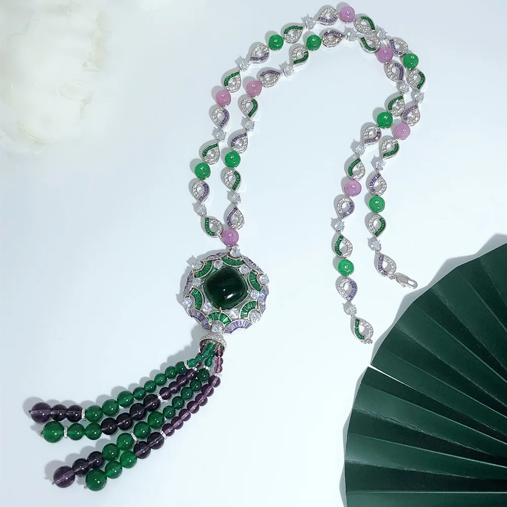 Fashion Gorgeous Luxury Green Violet Tassel Beads Sweater Chain Flower  Women Banquet Wedding Popular Brand Jewelry Star Online