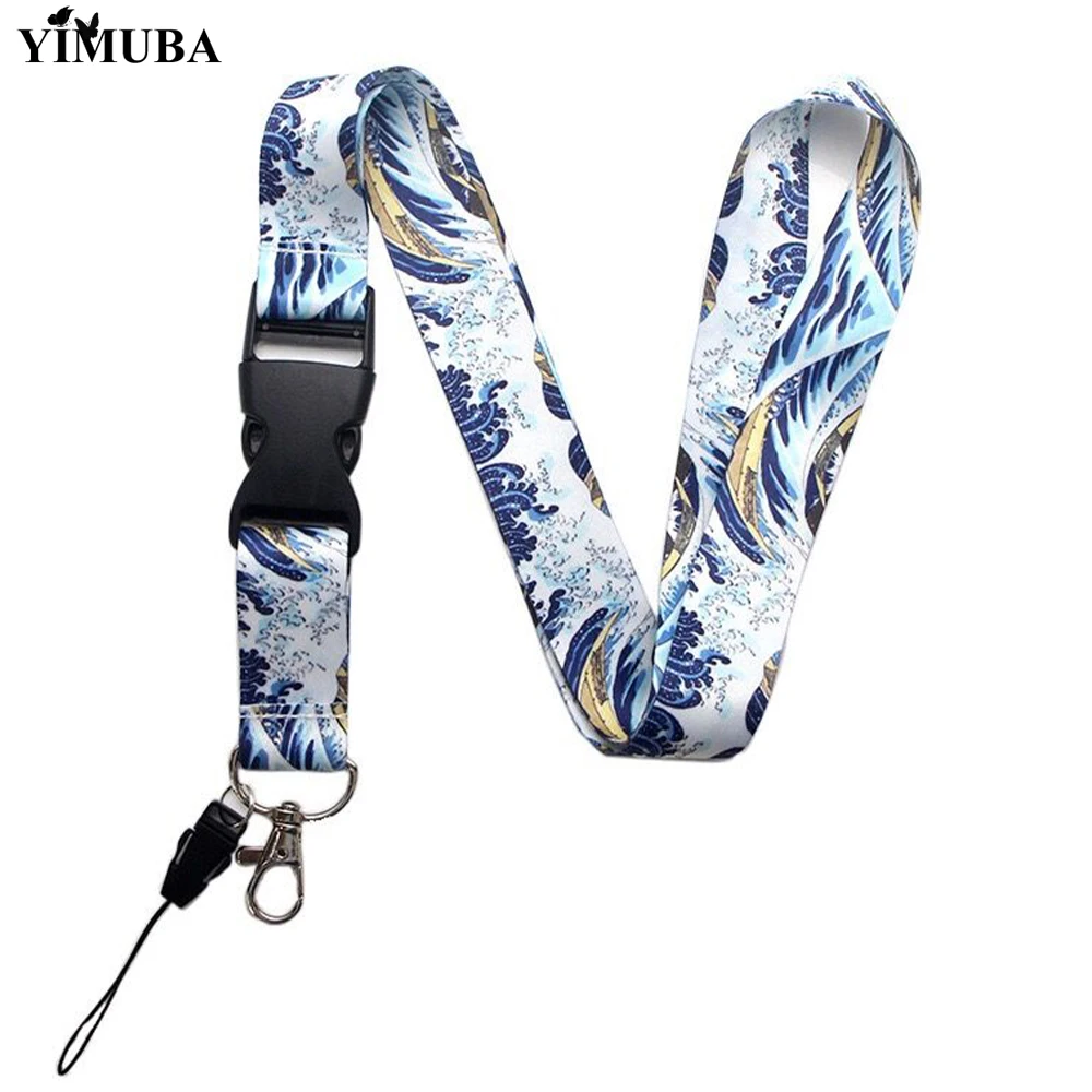 YIMUBA Blue Sea Wave Keychain Phone Detachable Buckle Lanyards Kanagawa Surfing Print Neck Strap Anti-lost Game Console Lanyard