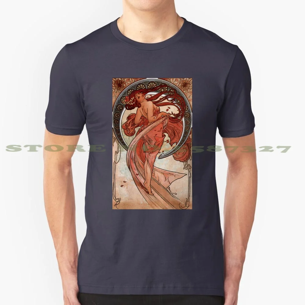 Dance' By Alphonse Mucha ( Reproduction ) 100% Cotton T-Shirt Alphonse Mucha Art Nouveau Famous Lady Woman Dancing Red Hair Red