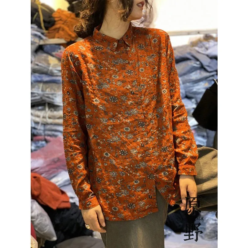 2022 Spring Autumn Arts Style Women Long Sleeve Loose Shirts Vintage Print cotton linen Turn-down Collar Blouse Tops V68