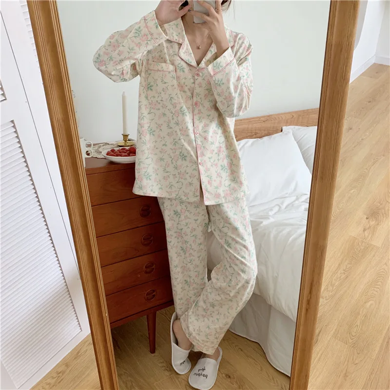 2 Colors Women\'s Floral Turndown Collar Pajama Sets Floral Tops+Pants Vintage Ladies Girl‘s Flowers Pyjamas Set Home Sleepwear