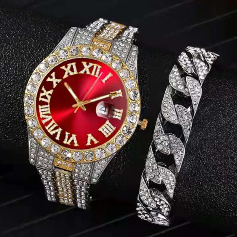 

Full Iced Out Watch Bracelet for Men Big Gold Cuban Chain Hip Hop Clocks Watch Men Miami Rhinestone Prong Pave CZ Bling Jewelry