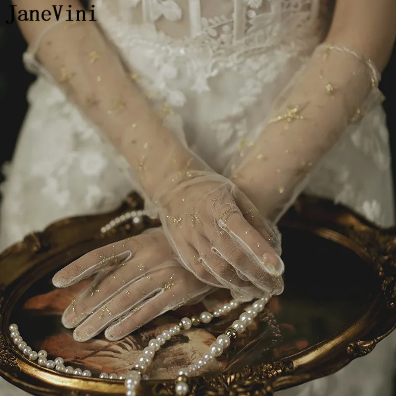 Janevini Lange Elleboog Lengte Bruids Handschoenen Sexy See Through Volledige Vinger Trouwjurken Handschoenen Bruid Gouden Ster Decoratie Handschoenen