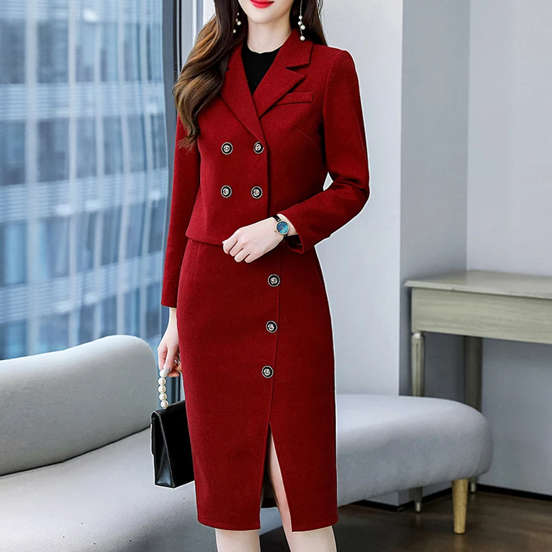 

Autumn Women 2 Piece Set Short Double Breasted Blazer Vintage Wool Coat Office And Elegant High-Waisted Pencil Split Skirt Suit