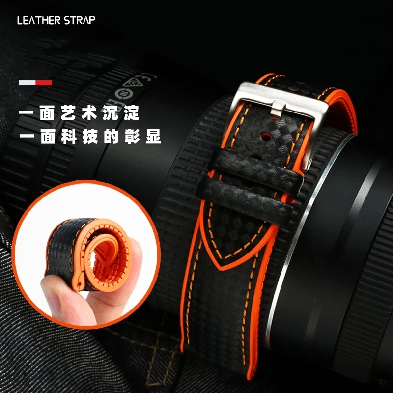 20mm 22mm for Fossil WatchBand Carbon Fibre Rubber Strap for Mido T-issot Stainless Steel Clasp Waterproof Sport Watch Chain