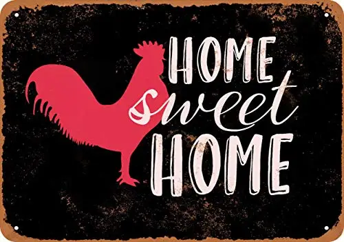 

Metal Sign - Home Sweet Home with Chicken (Black Background) - Vintage Look Wall Decor for Cafe beer Bar Decoration Crafts