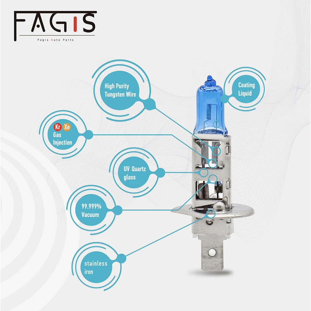 Picture 4: Fagis 2 Pcs US Brand H1 h3 H4 h7 55W 12V Car Halogen Lamps 4800K Super White Auto Front Headlight Bulbs Quartz Glass Light