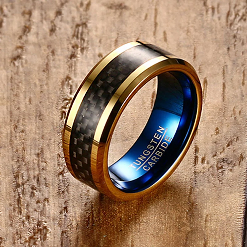 8MM Blue Tungsten Carbide Rings for Men Jewelry with Black Gold Color Carbon Fiber