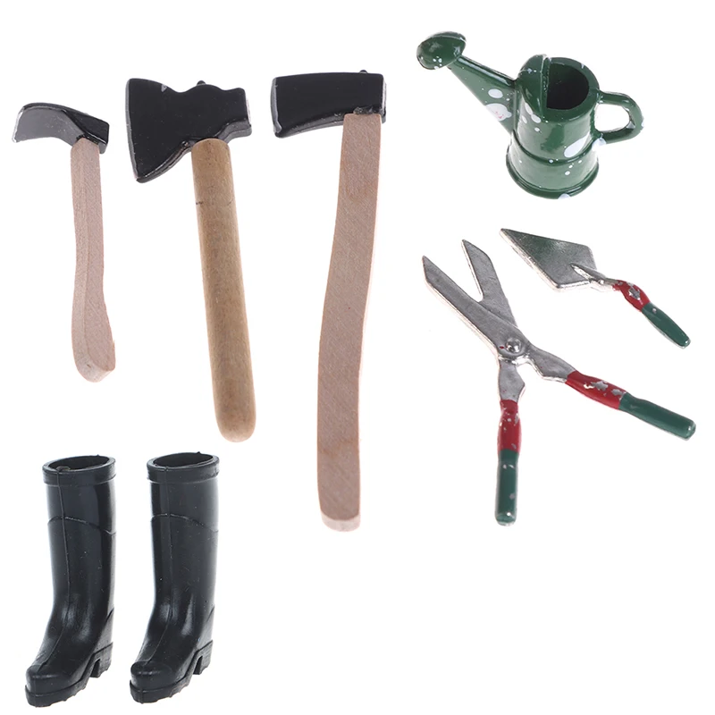 1set 1:12 Dollhouse Mini Garden Tool Watering Can Scissors Axes Shoes Doll Decor Garden Accessories