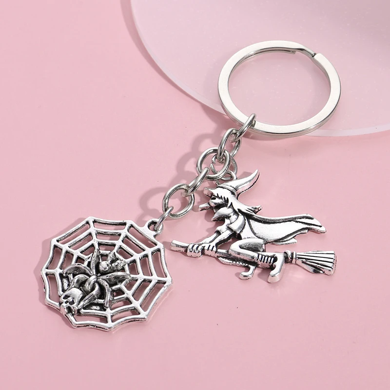 Halloween Keychain Witch Spider Web Key Ring Metal Key Chains For Women Men DIY Car Hanging Gothic Jewelry Handmade Gifts