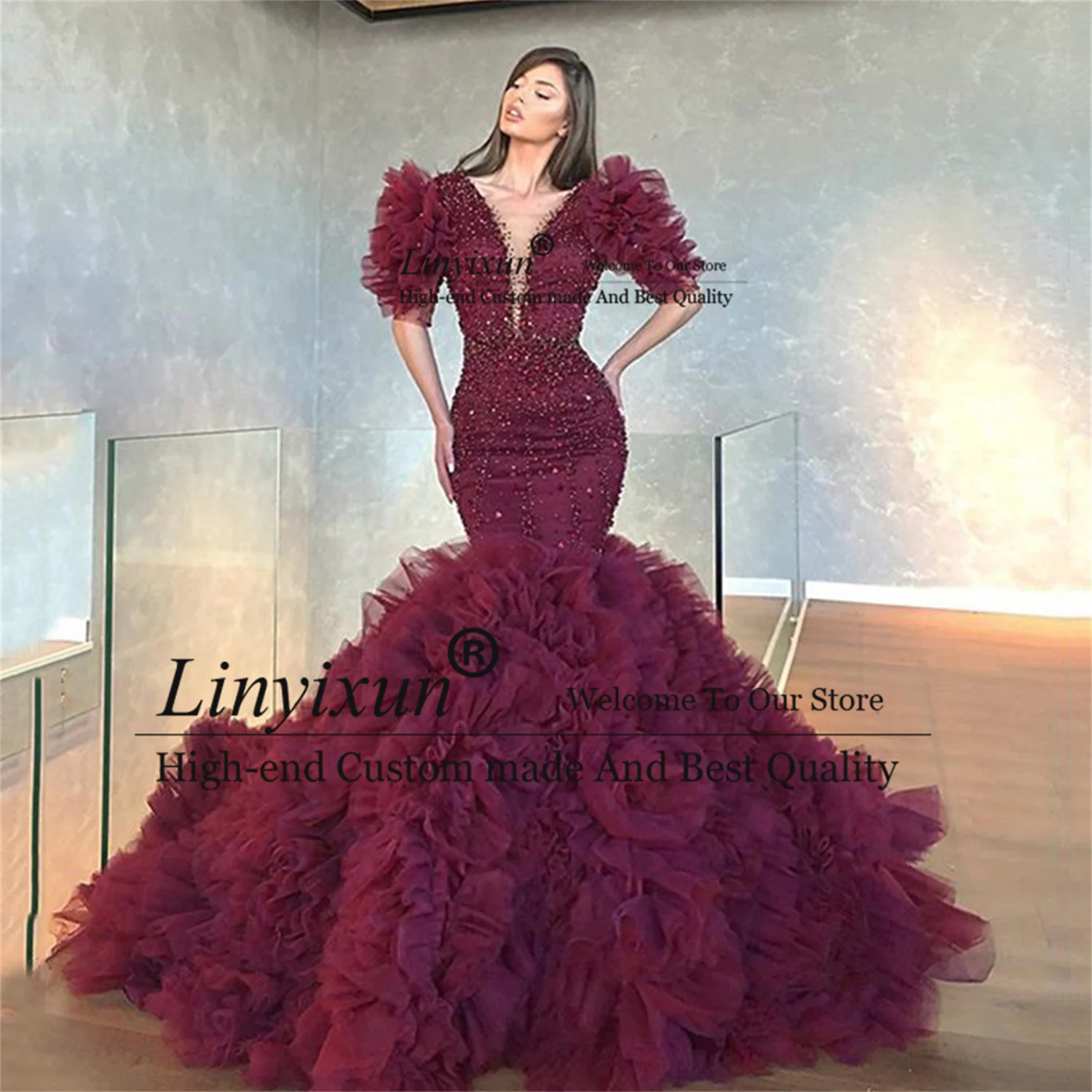 Luxury Mermaid Prom Dresses Tulle With Beading Formal Celebrity Evening Party Gown V Neck Half Sleeves Pruffy Robe De Soriee