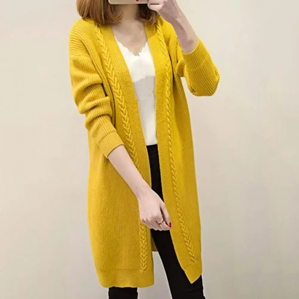 Long Sleeve Mid-Length Women Cardigan Autumn Winter Solid Color Twist Edge Knitted Coat Outerwear