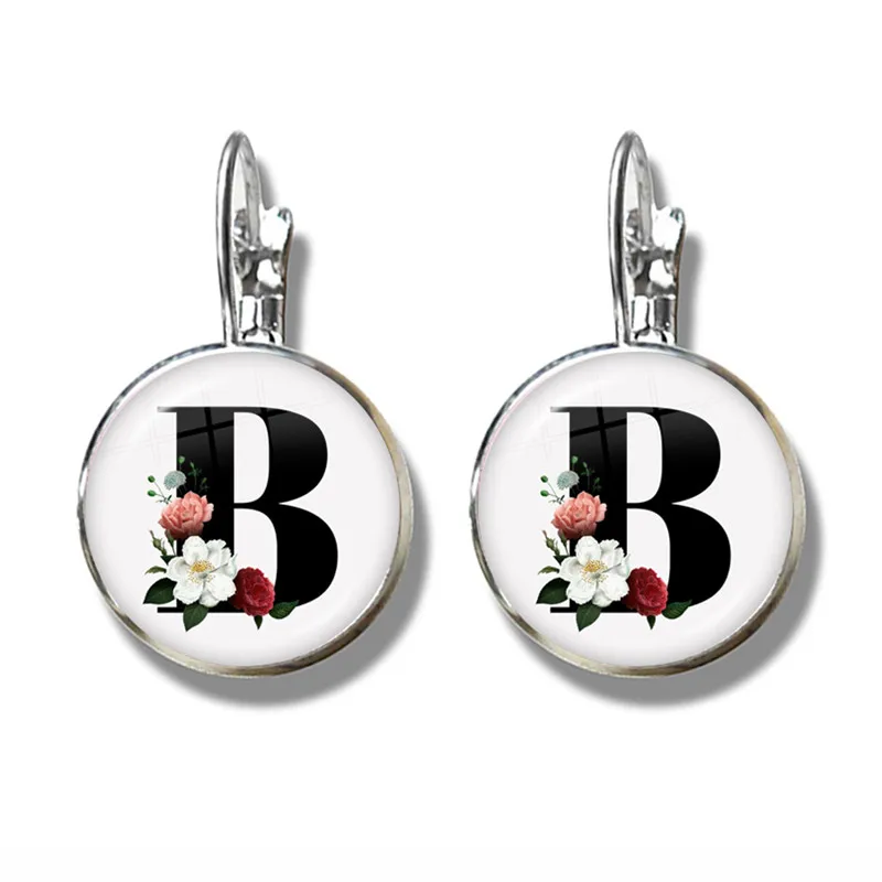 جديد بسيط A-Z 26 الإنجليزية الأبيض خلفية زهرة إلكتروني أقراط الأولي اسم إلكتروني تصميم زجاج دائري أقراط النساء #4