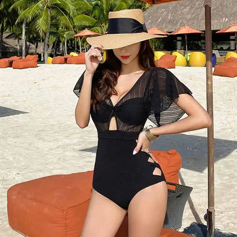 Korea południowa w nowym stylu z długimi rękawami strój kąpielowy Bikini kobiet Low-Cut Hollow wysokiej wyszczuplająca talia Mesh ochrony