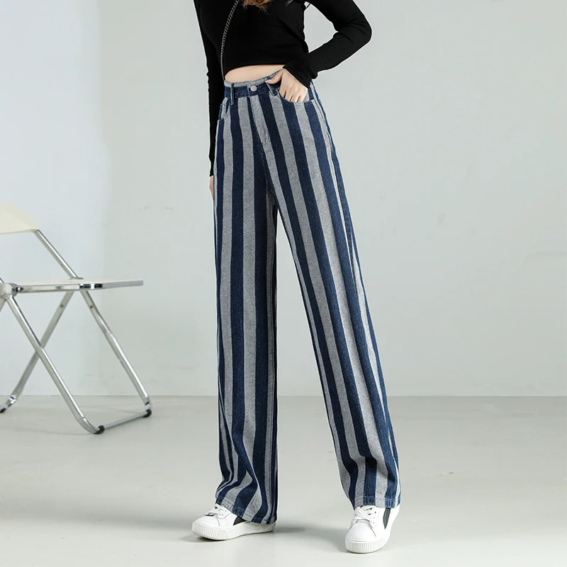 Jeans Women Stripe printing Dyeing Vintage High Waist Pure Cotton Wide Leg Simple All-match Loose Harajuku Casual Denim Trousers