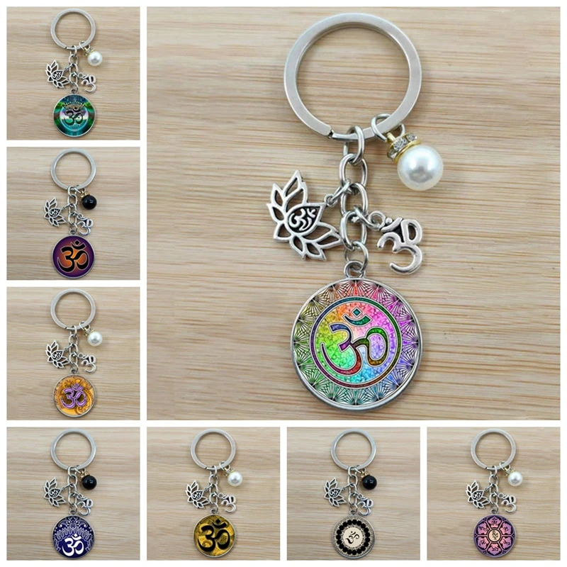 Creative Retro Glass Dome Keychain Buddhist Chakra Keychain Jewelry Indian Yoga Mandala Keychain