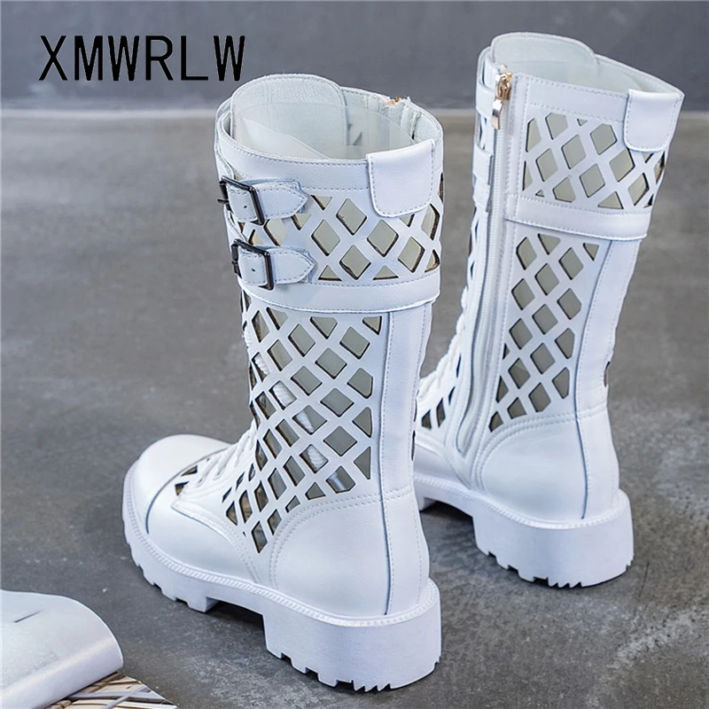 XMWRLW Women\'s Boots 2020 Summer Genuine Leather Woman Mid-Calf Boots Fashion Hollow Out Ladies Shoes Women Summer Boot Shoes