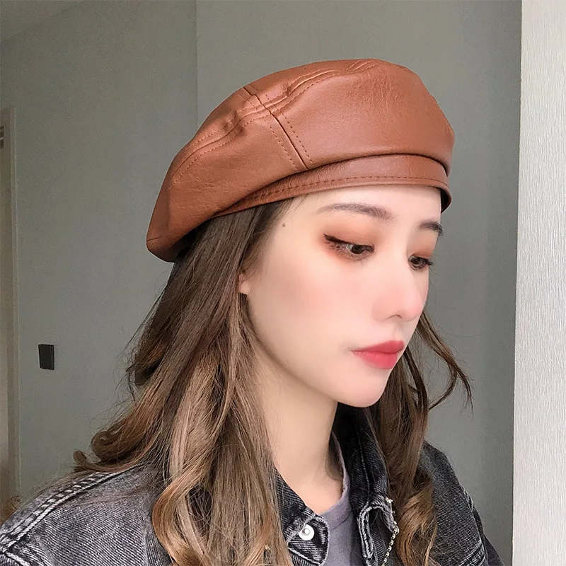 Women Fashion Beret Solid Beret Cap Pu Leather Beret French Artist Warm Beanie Hat Female Ladies Adjustable Hat Girls Cap