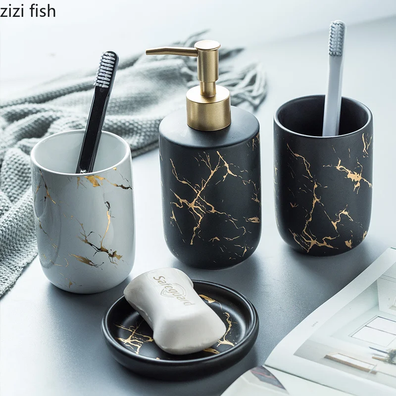 Nordic Matte Gold Ceramics Bathroom Accessories Set Soap Dispenser/Toothbrush Holder/Tumbler/Soap Dish luxurious Washing Set