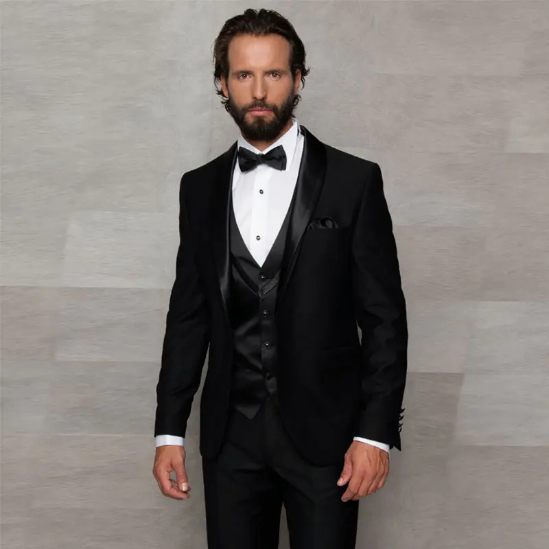 

Black Three Pieces Men Suits Shawl Lapel One Button Formal Tuxedos For Wedding Bridegroom Prom Blazers (Jacket+Pants+Vest)