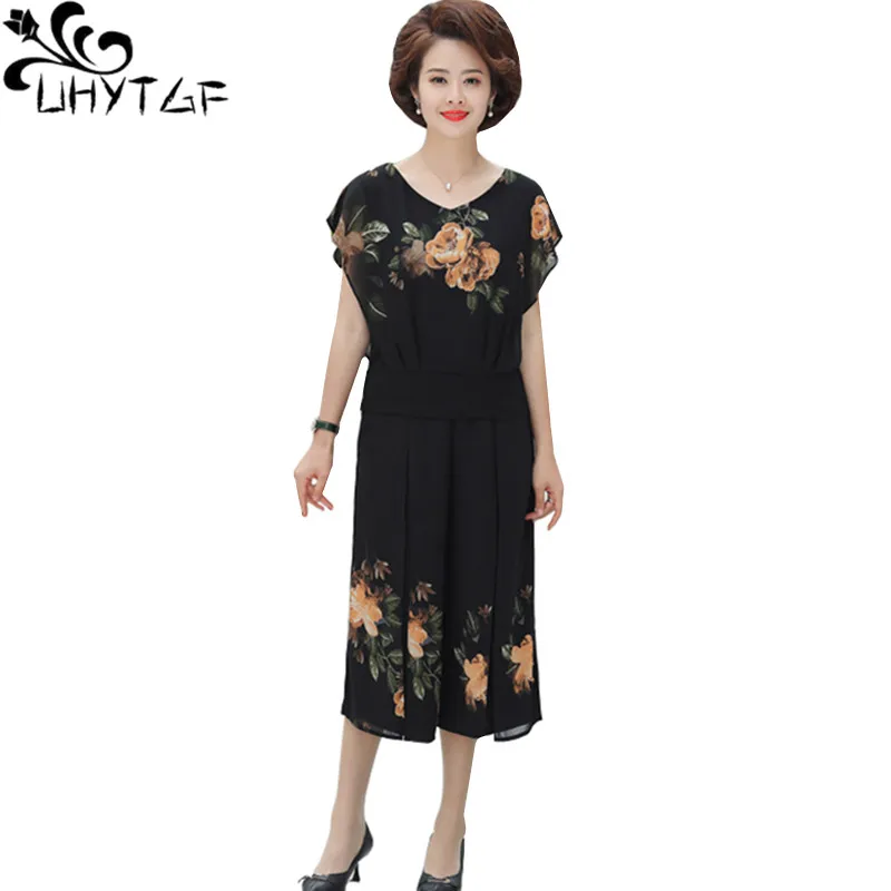 

UHYTGF Elegant Mom Summer Two-Piece Set Women Fashion Chiffon Print Skirt Pants Suit Female V-Neck Short Top Thin 2 Piece Set 10