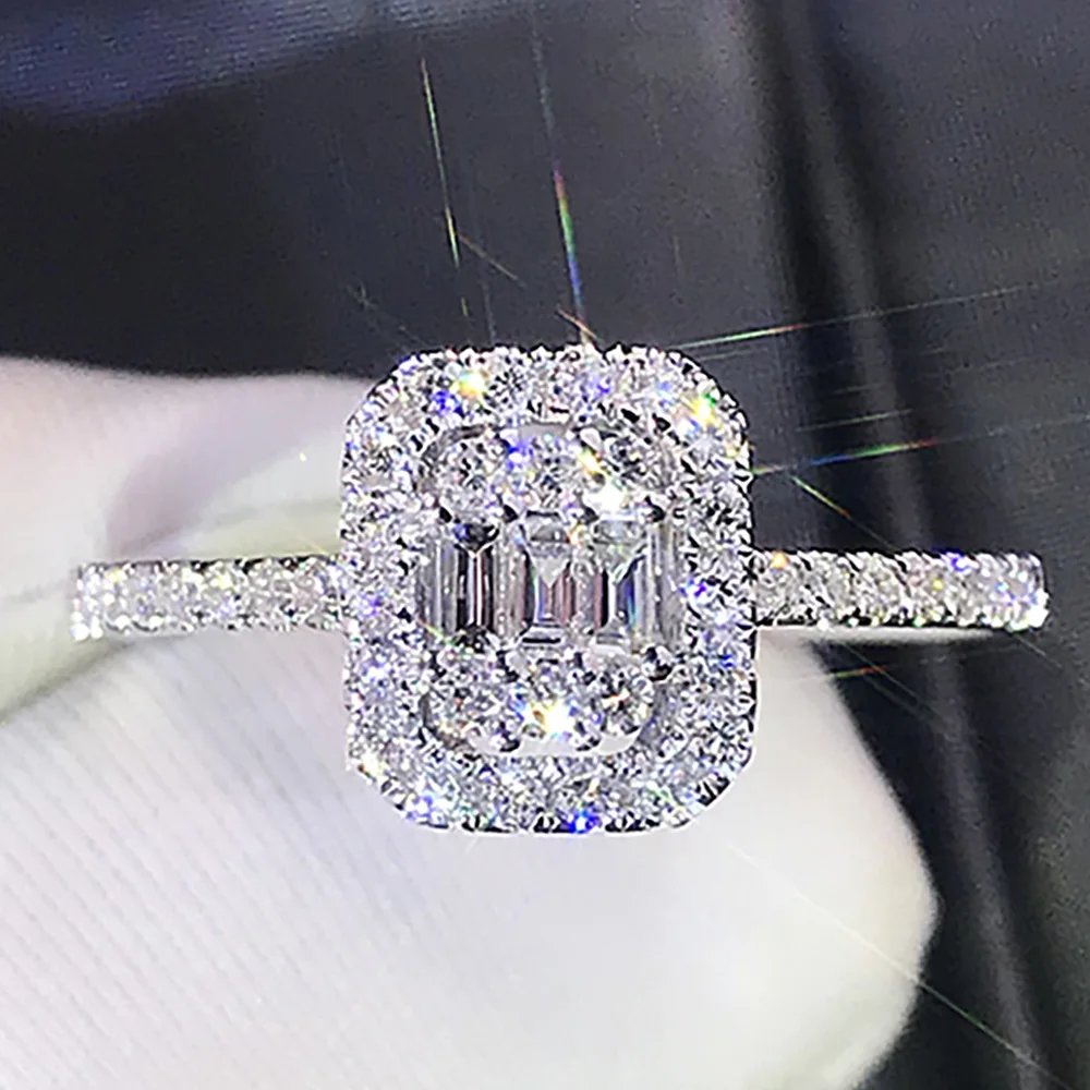 Custom Solid 14K White Gold Women Wedding Party Engagement Ring Rectangle Emerald Victorian Moissanite Diamond Ring Romantic