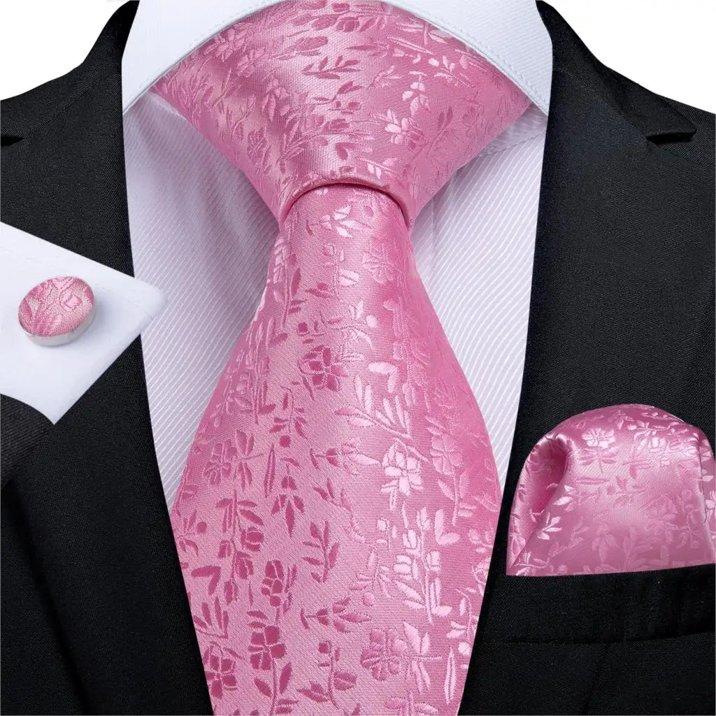 

Gift Men Tie Pink Solid Floral Silk Wedding Tie For Men DiBanGu New Designer Hanky Cufflink Business Men Tie Set Party MJ-7271