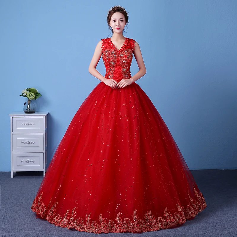 AnXin SH-vestido de novia de lujo con flores rojas, vestido de princesa vintage con cuentas, cuello en v, flor de cristal, vestido de baile de encaje blanco, vestido de novia personalizado