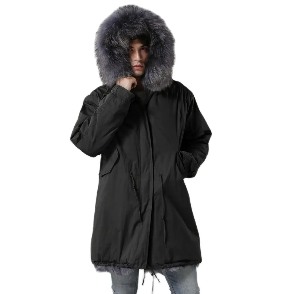 Fashion Thick Warm Parka Black Outshell With Grey Fox Fur Lining Long Fur Coat Winter Men Overcoat