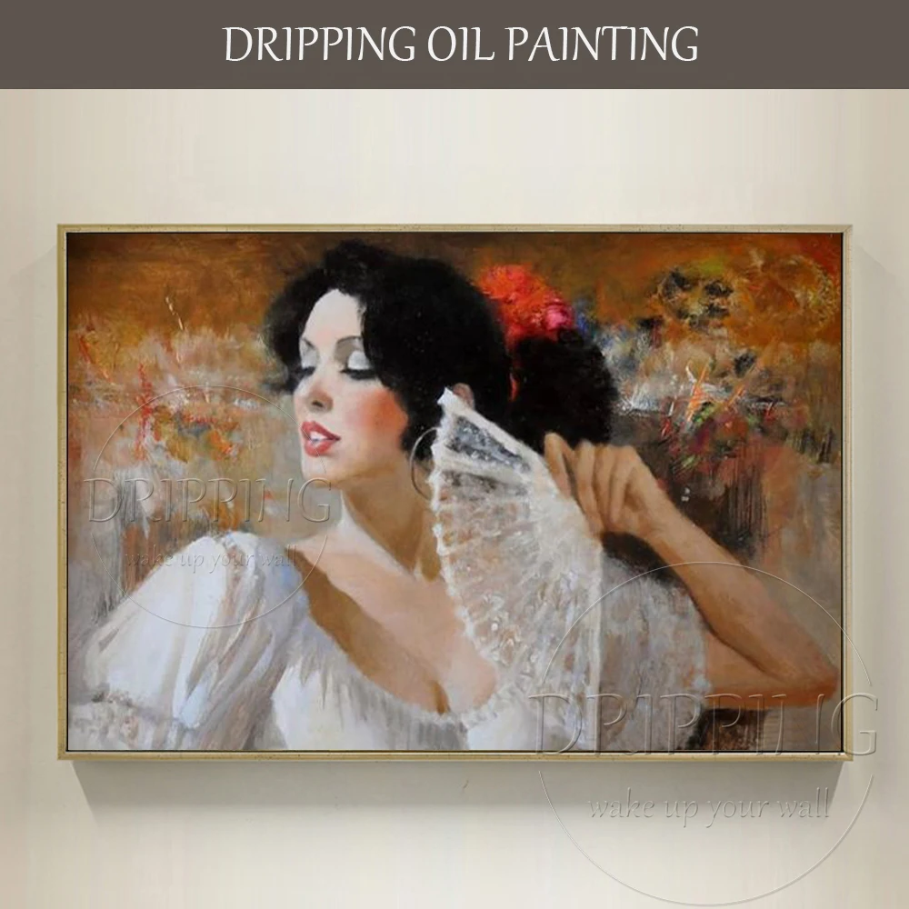 

New Design Hand-painted Impressionist Lady with Fan Oil Painting on Canvas Beauty Figure Lady Portrait Oil Painting for Wall