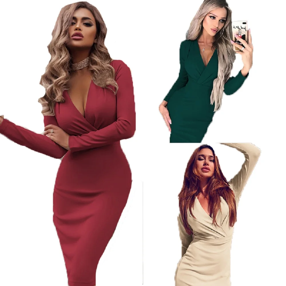 

Knee-Length Dress Long Sleeve High Waist Bodycon Elegant Women Nice Sexy Deep V-Neck Solid Pencil Party Slim Woman Dresses