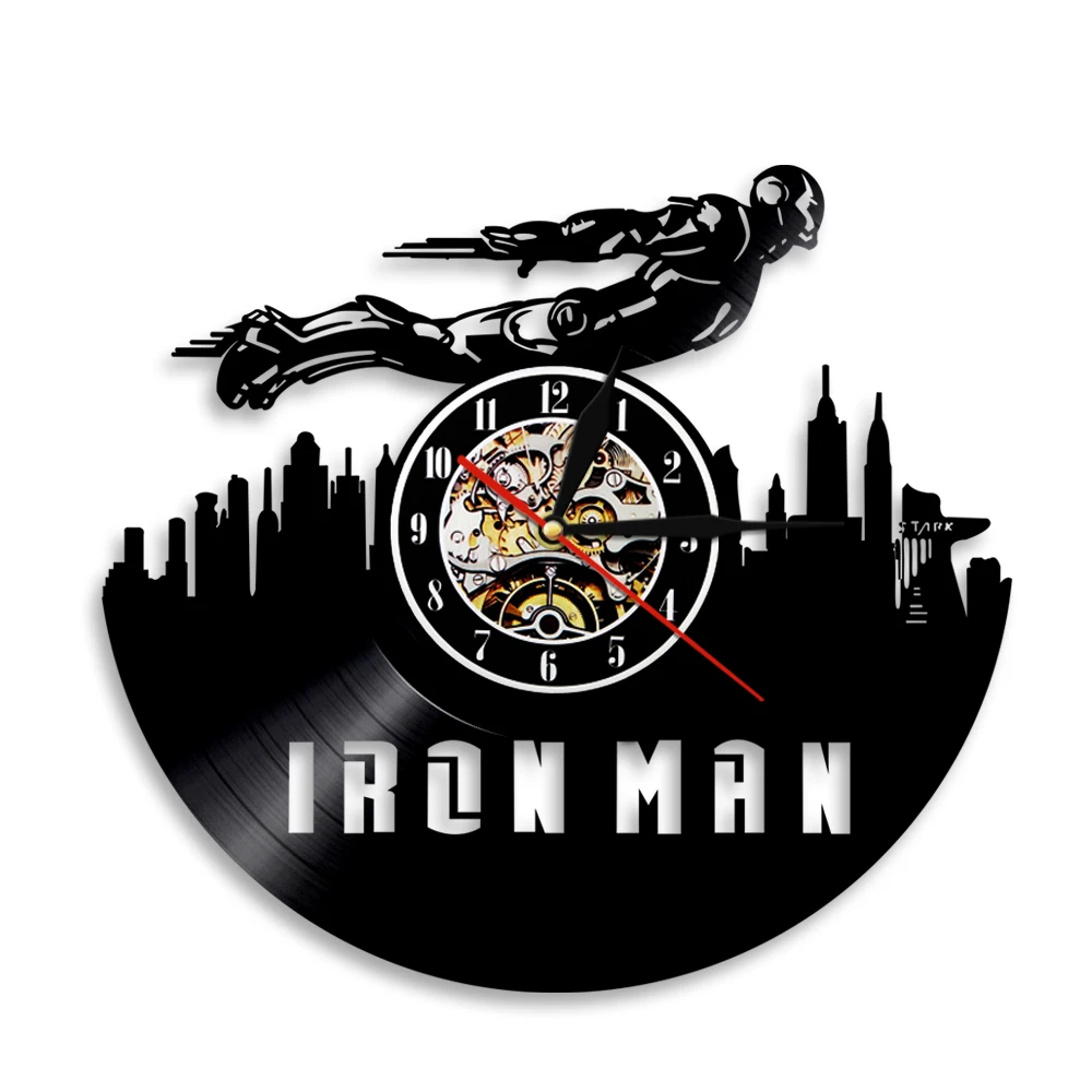 Tony Stark Super Hero Vinyl CD Disc Wall Clock Avenger Vintage Vinyl Album Record Clock Comics Art Decor Silent Watch Kids Gift