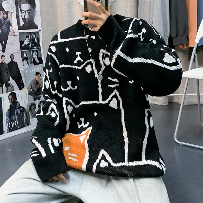 Streetwear Cartoon Cat Sweater Women Korean Fashion Knit Pullover Female Jersey Top Student Hip Hop Casual Jumper Mujer Unisex