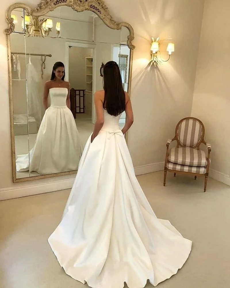 

Fashion Satin Boat Neck A-line Wedding Dress Bow Sash 2021 Short Train Custom Made Bridal Gowns Cheap Vestidos De Novia Lace-up