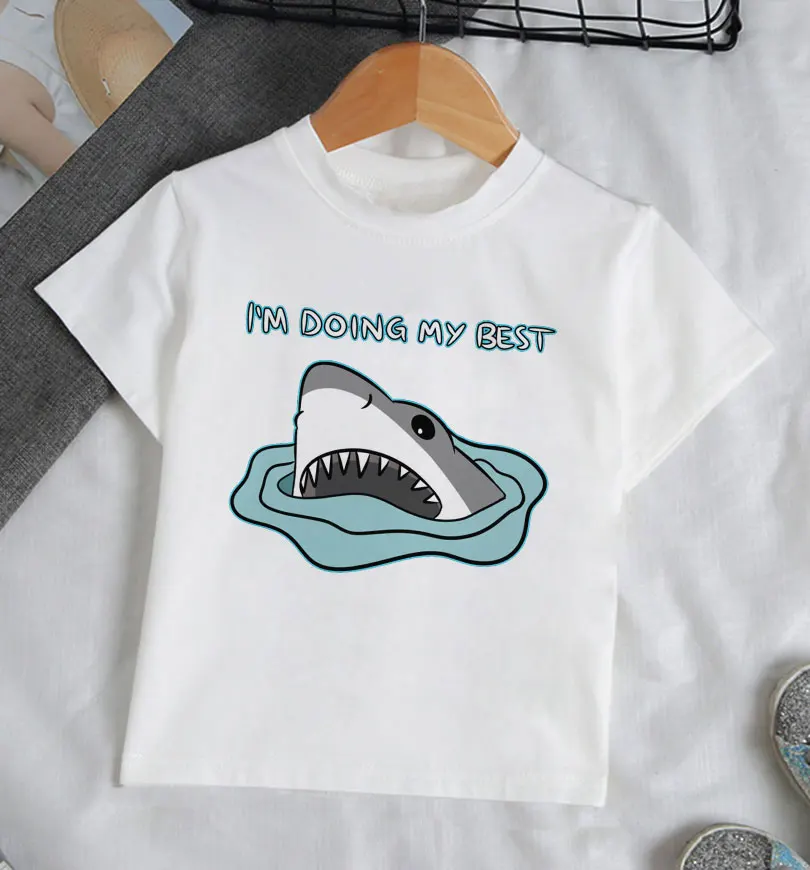 Boys And Girls T-shirts Summer New Wave Painted Tops Fashion Shark Harajuku Kids T Shirt Design White Round Neck T Shirt Fille