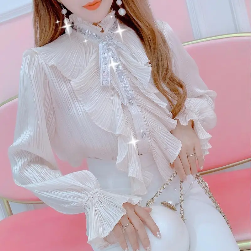 Korean Ruffle Chiffon Gothic Shirt Elegant Sweet Chic Long Puff Sleeve Women Blouse White Tops Stand Collar Clothes Blusas New