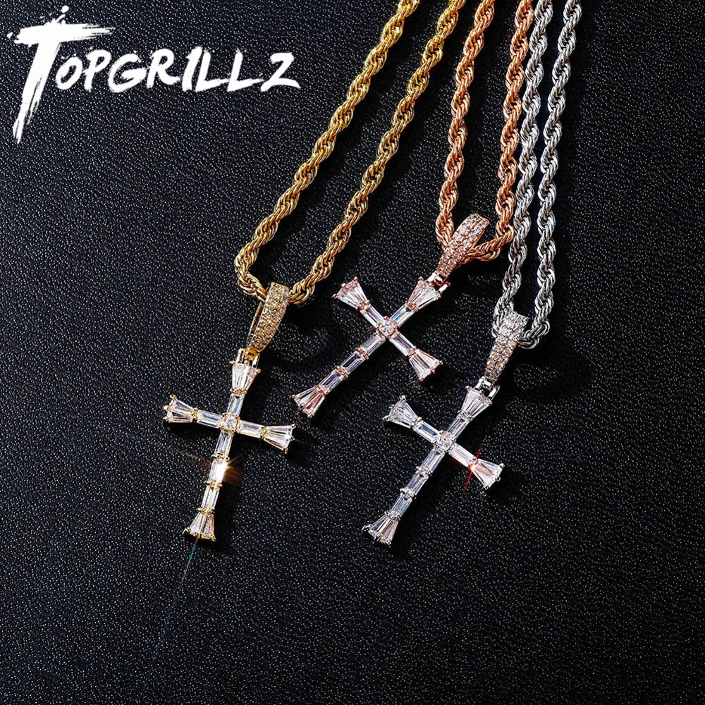 TOPGRILLZ Men Women Fashion Cross Pendant Necklace Copper Material Iced Out Cubic Zirconia With 4mm Tennis Chain Hip Hop Jewelry