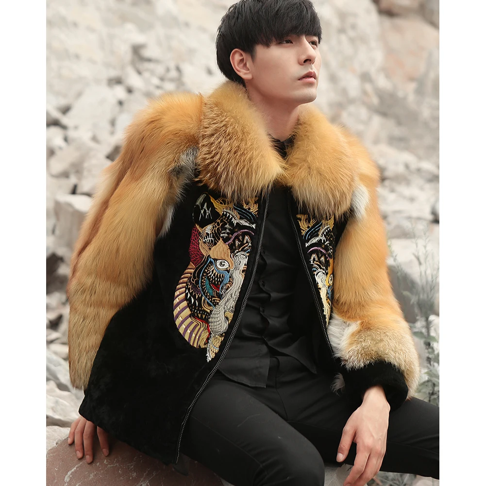 Mens Sheepskin Shearling Jacket Fox Fur Coat Leather Overcoat Embroidered Winter Outwear