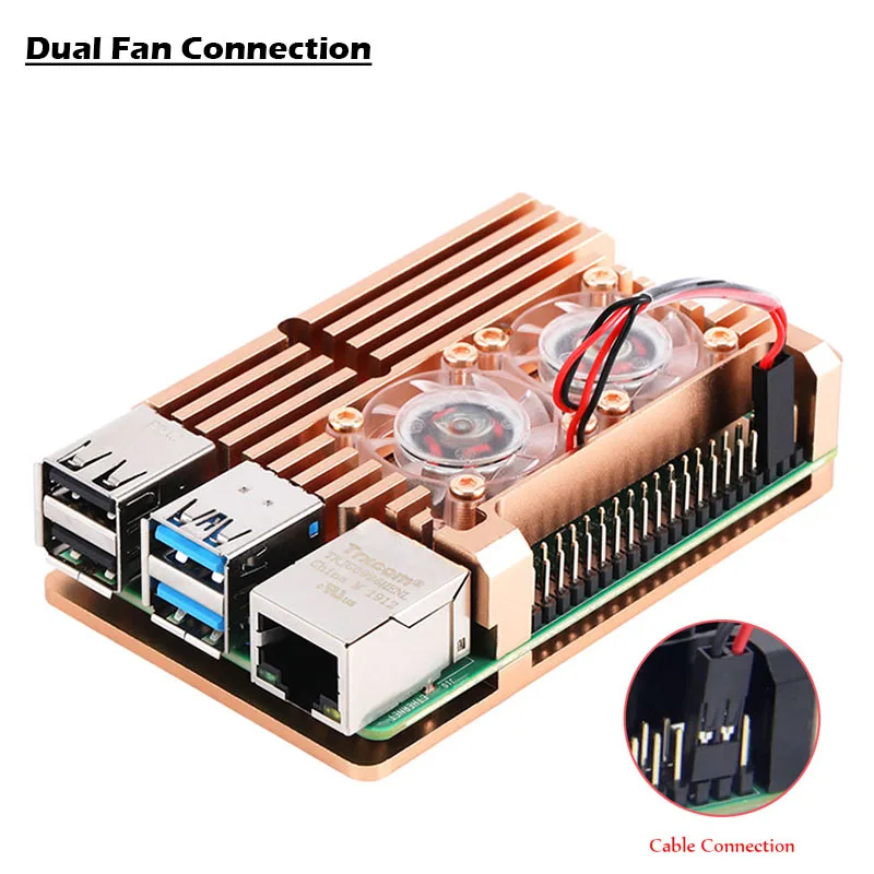 Raspberry Pi 4 Modell B Metall-Aluminiumgehäuse mit Dual-Lüfter-Kit, Lüfter + Kühlkörper-Set für Raspberry Pi 4, 4B, mehrfarbig