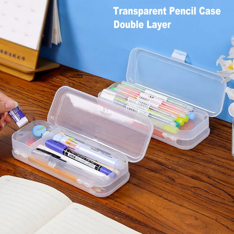 2Layer PP Plastic Transparent Pencil Case Double Layer Multifunction Pen Stationery Box Kids Large Capacity Storage Organizer