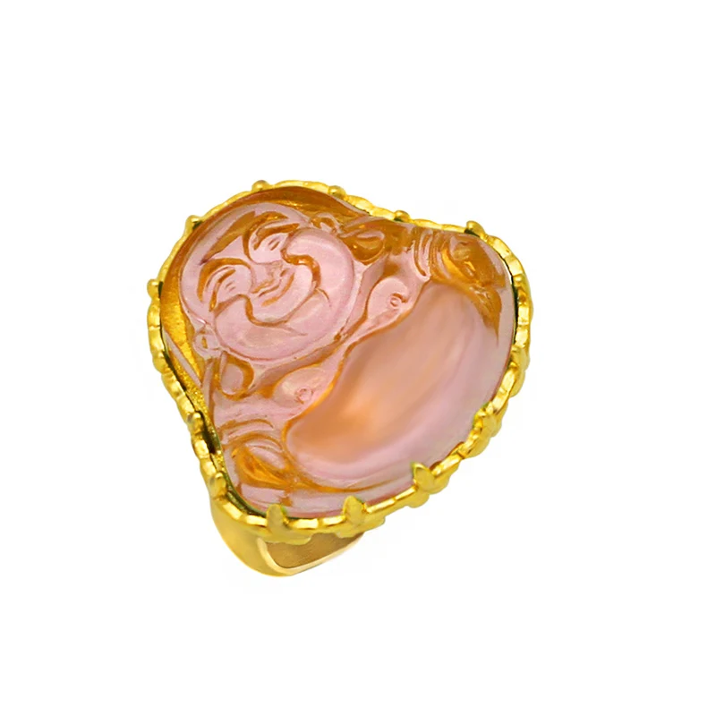 Hip Hop Bling Gold Color Stainless Steel Pregnant Laughing Buddha Natural Jade Ring for Men Women Rapper Jewelry Drop Shipping