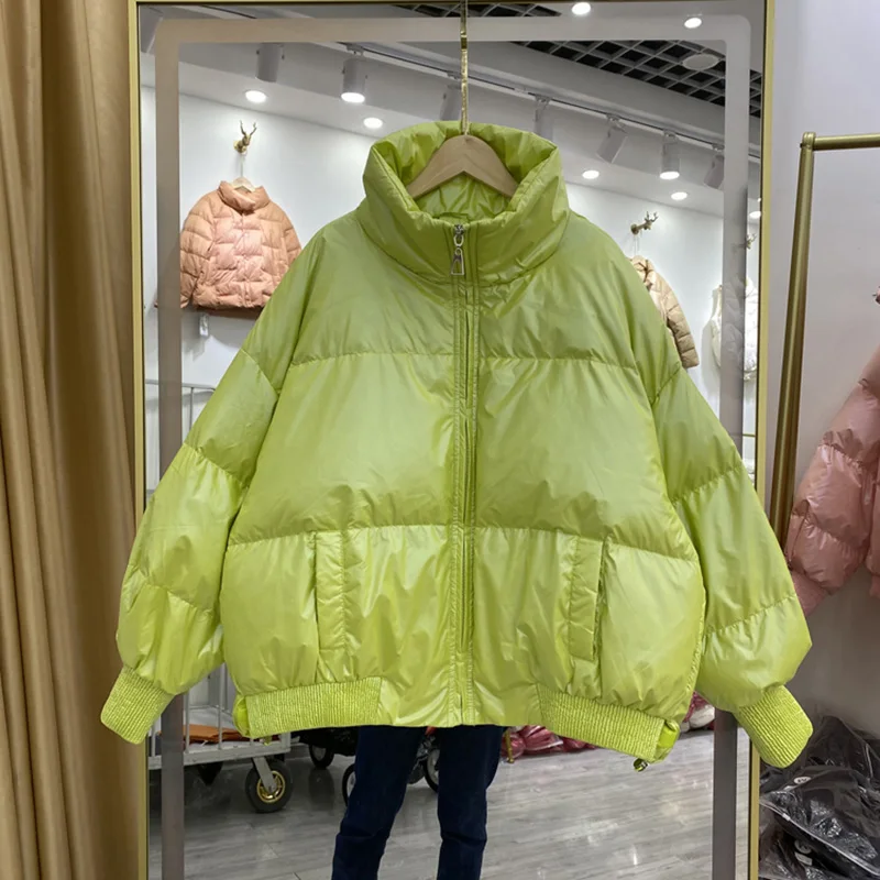 Chaqueta de plumón coreana para mujer, abrigo corto holgado, ropa de pan, Color caramelo, superficie brillante, chaquetas cálidas de plumón de pato