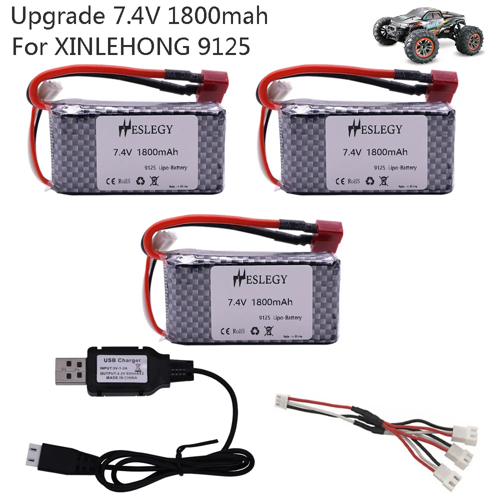 7.4V 1800mah upgrade lipo battery with USB Charger For XINLEHONG 9125 RC Car Spare Parts XLH9125 battery 7.4V 1600mah to 1800mah