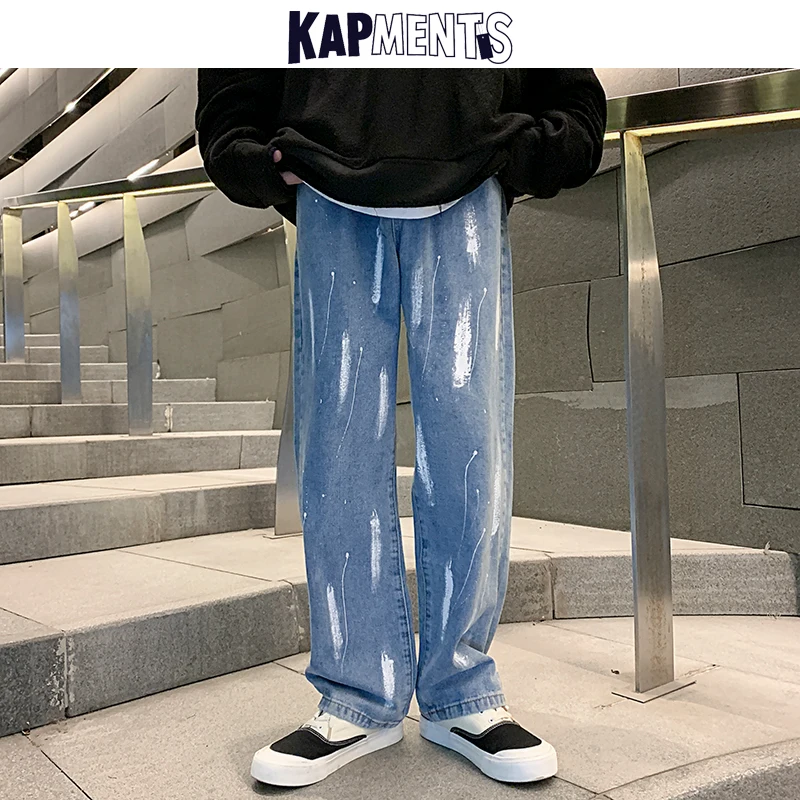 KAPMENTS Men Print Black Baggy Jeans Clothing 2023 Mens Streetwear Wide Leg Denim Trousers Male Korean Fashion Casual Joggers