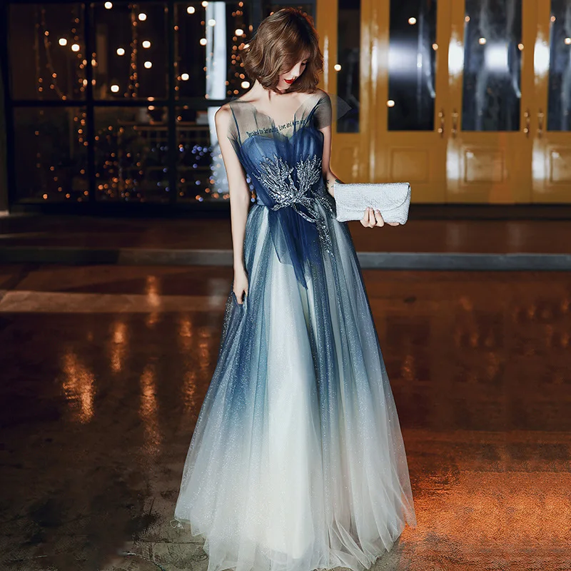 

Luxury blue gradient evening dress female 2021 banquet elegant temperament long fairy company annual meeting prom dress A102