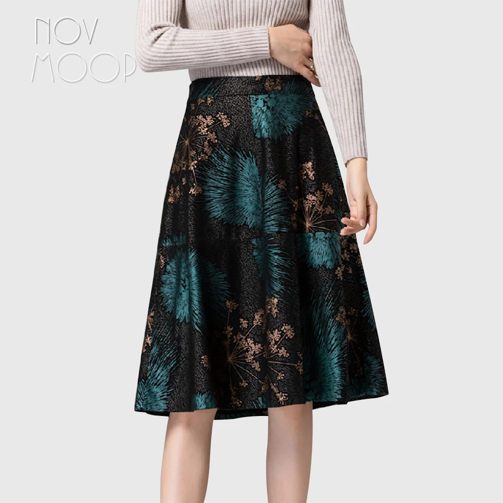 Novmoop printed sheepskin genuine leather women flare skirt elegant formal style office lady party wear Falda de cuero LT3424