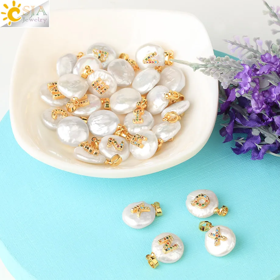 CSJA Natural Freshwater Pearl Necklace Pendant Gold Color Capital Letter Necklaces Alphabet Cubic Zirconia Collares Jewelry G684