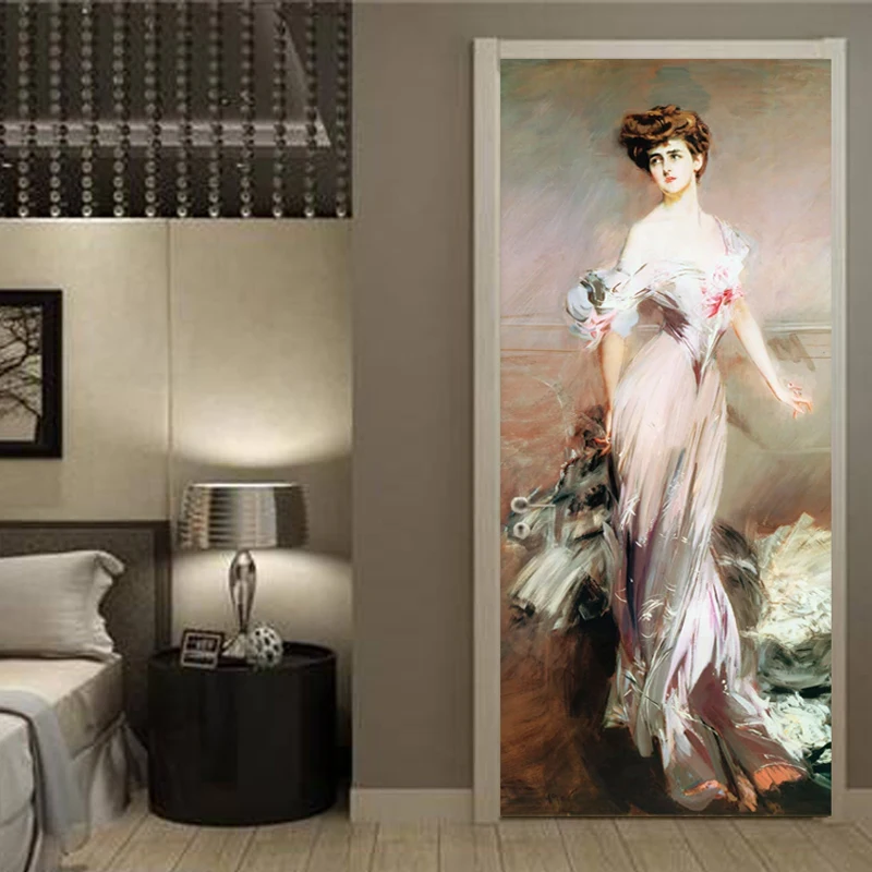 

European Style Retro 3D Oil Painting Figure Door Sticker Living Room Bedroom Wallpaper PVC Self-Adhesive Waterproof Door Poster