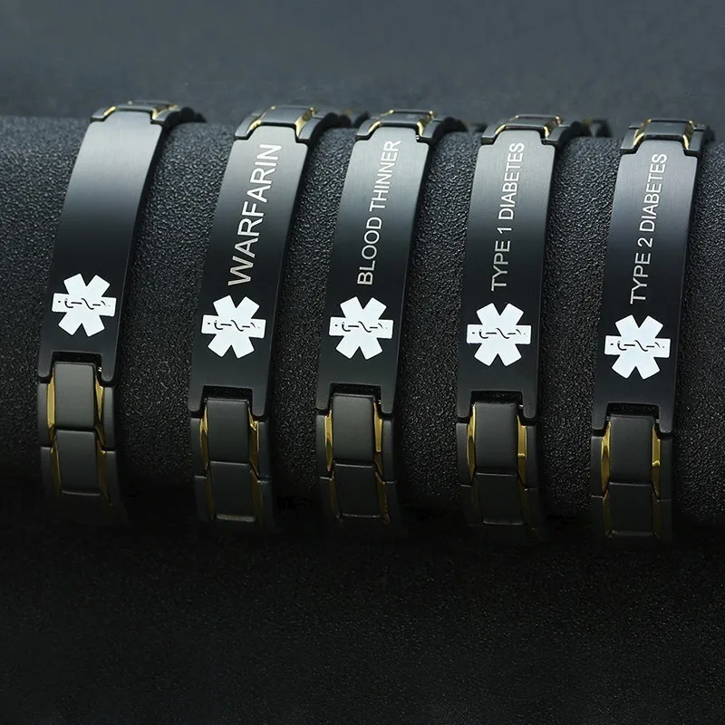 Vnox Men Medical Alert ID Bracelet Black Stainless Steel Pain Relief Emergency Reminder Bangle with tool
