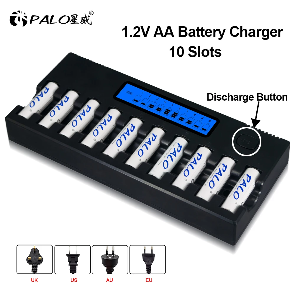 PALO 10 Slots LCD Display Smart Intelligent 1.2V Battery Charger AA charger For 1.2V AA NiCd NiMh Rechargeable Batteries